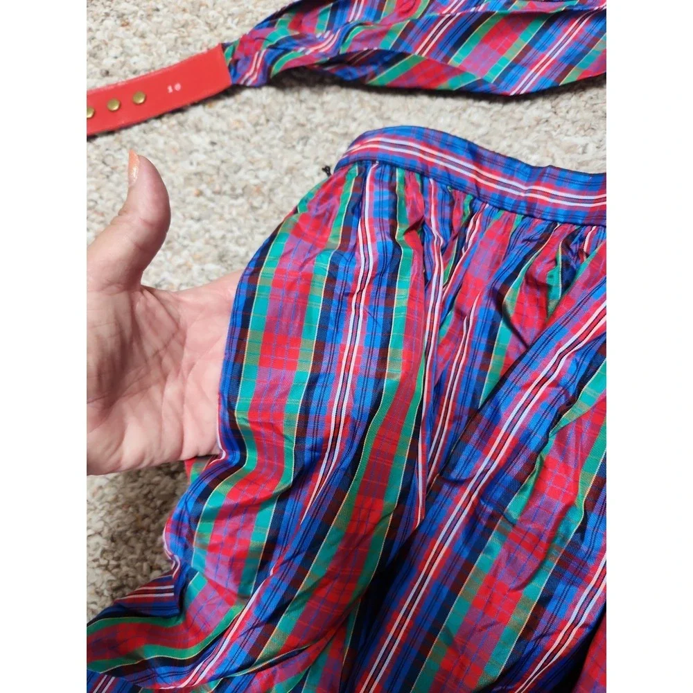 Vintage Courtwell 10 Womens Red Tartan Plaid A-Line Skirt Taffeta Belt 26x40
